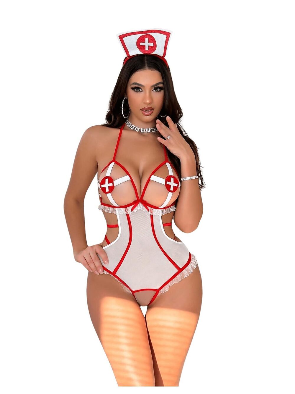 9378 2 Piece Nurse Costume Cosplay Outfits Sheer Mesh Lingerie Set Cut Out
